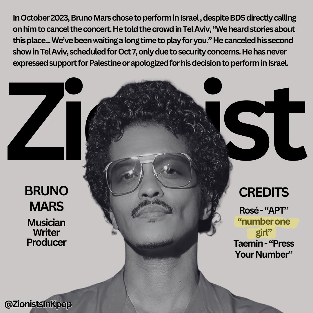 zionistsinkpop's tweet photo. When you stream “number one girl” by Rosé, you’re giving money to Zionists. The song was co-written and produced by two Zionists, Omer Fedi and Bruno Mars. https://t.co/h6BbiI3GST