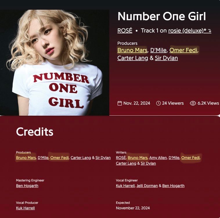 zionistsinkpop's tweet photo. When you stream “number one girl” by Rosé, you’re giving money to Zionists. The song was co-written and produced by two Zionists, Omer Fedi and Bruno Mars. https://t.co/h6BbiI3GST