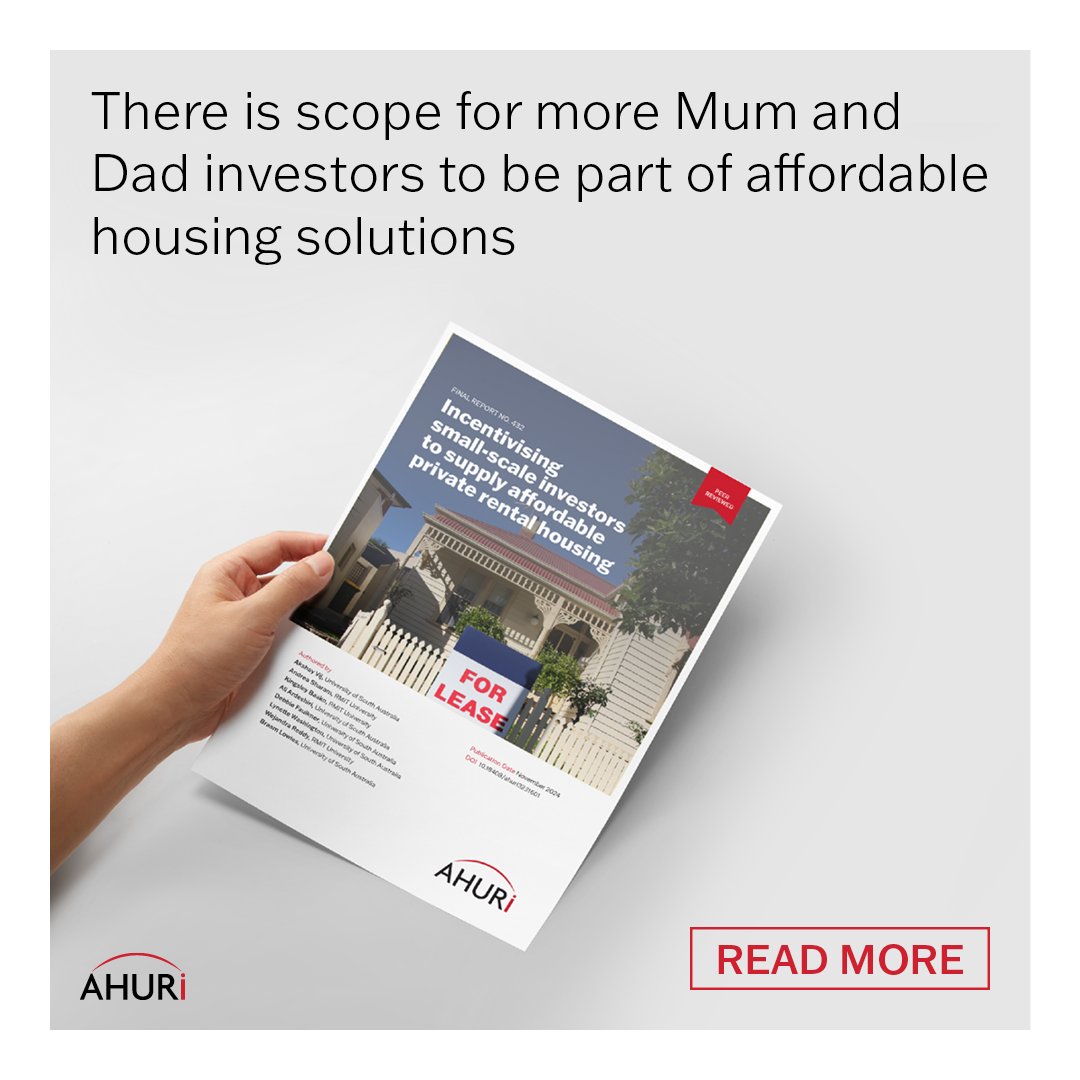 AHURI (@ahuri_research) on Twitter photo New #AHURIresearch has found that nearly half of small scale investors rank cashflow as most important to their investment decisions. The research was undertaken by researchers from <a href="/UniversitySA/">UniSA</a> and <a href="/RMIT/">RMIT University</a> University.
Read the full report here: ow.ly/sBYr50Uax47 New #AHURIresearch has found that nearly half of small scale investors rank cashflow as most important to their investment decisions. The research was undertaken by researchers from <a href="/UniversitySA/">UniSA</a> and <a href="/RMIT/">RMIT University</a> University.
Read the full report here: ow.ly/sBYr50Uax47