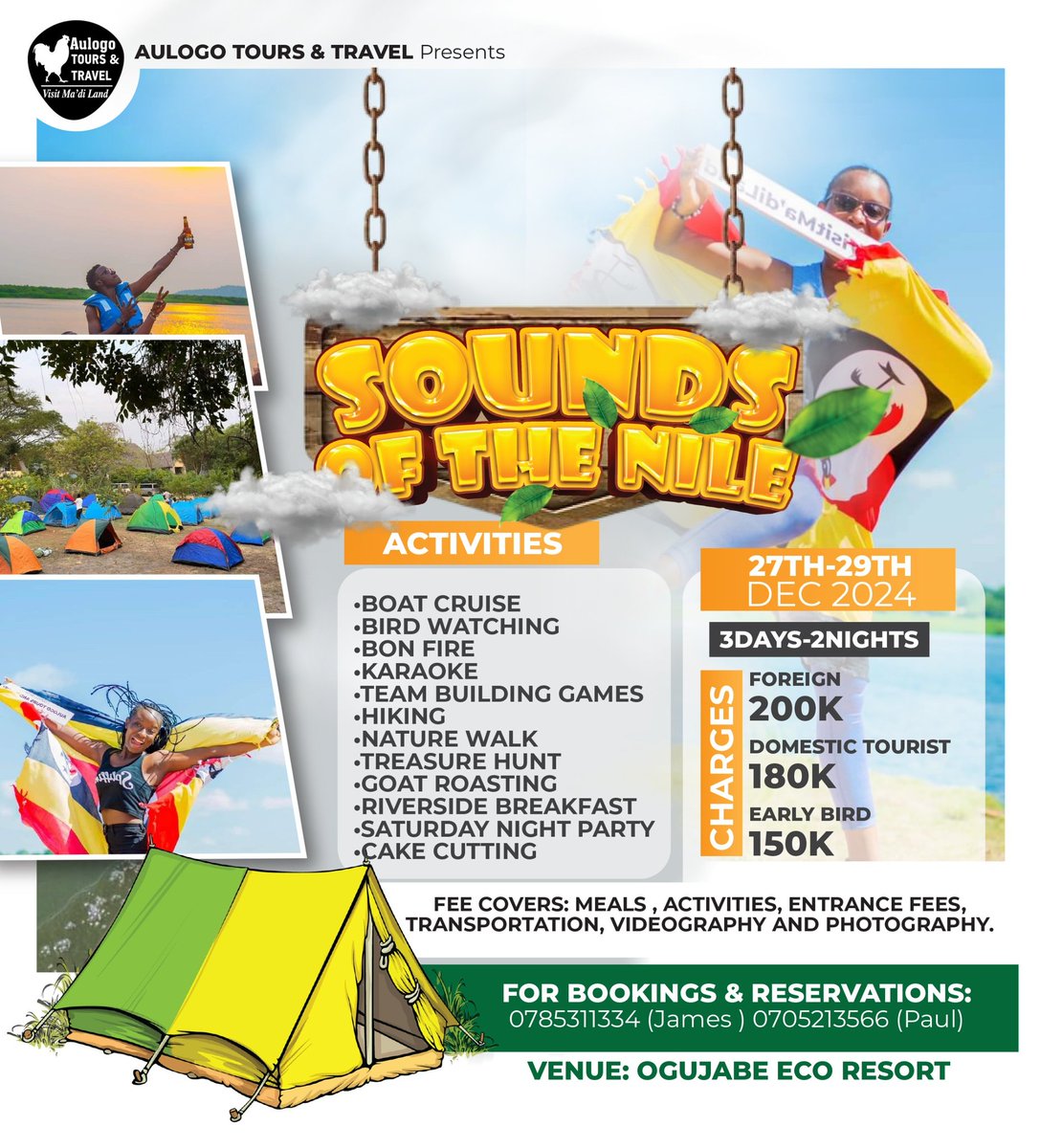 Paul Unzimai (@paul_unzimai) on Twitter photo Craving adventure and quality time with friends? Aulogo Tours and Travel  got you covered join us for another epic edition of #SoundsOfTheNile  at #OgujabeEcoResort   . 
For Bookings Contact the numbers on the poster.
 #December #campingtrip   #VisitMadiLand #visituganda . Craving adventure and quality time with friends? Aulogo Tours and Travel  got you covered join us for another epic edition of #SoundsOfTheNile  at #OgujabeEcoResort   . 
For Bookings Contact the numbers on the poster.
 #December #campingtrip   #VisitMadiLand #visituganda .