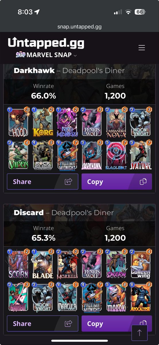 Yoooo Deadpool diner stars back on <a href="/UntappedSNAP/">Untapped.gg | MARVEL SNAP</a> let’s goooooo

Top overall decks so far 😐