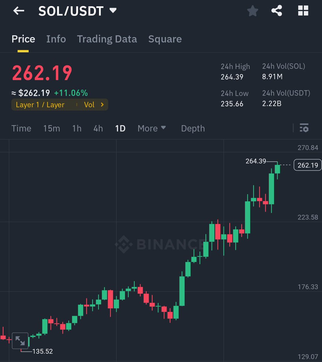 wiseadvicesumit's tweet photo. $SOL hits a new ATH 🚀 
 
From trading at $8 in 2022 to $262 today, the @solana journey has been remarkable. 
 
Congrats to all $SOL holders 🤑 https://t.co/IC3QRJEuYq