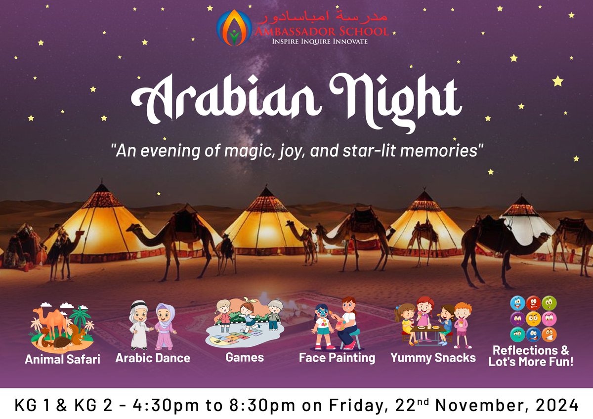 Gearing up for our Arabian Night – a magical evening camp filled with excitement, fun, and unforgettable experiences at Ambassador Kindergarten!📷📷📷