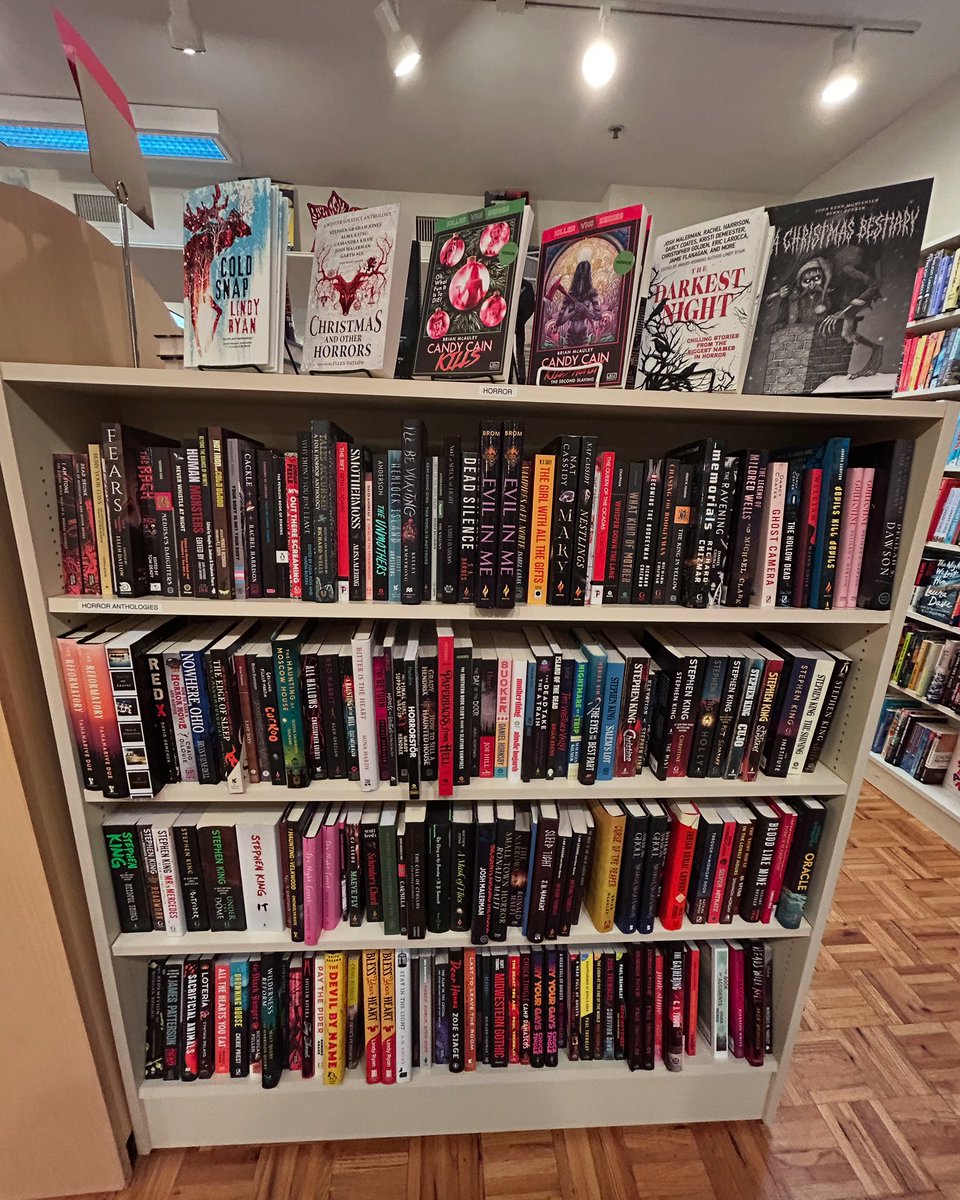 Got a wintry/festive theme going in the horror display! <a href="/lindyryanwrites/">Lindy Ryan (is inactive)</a> <a href="/EllenDatlow/">Ellen Datlow</a> <a href="/BrianMcWriter/">Brian McAuley</a> Also, the horror section is busting at the seams! Come look at the pretty lights and bring home some spooky books from <a href="/LahaskaBookshop/">Lahaska Bookshop</a> !!