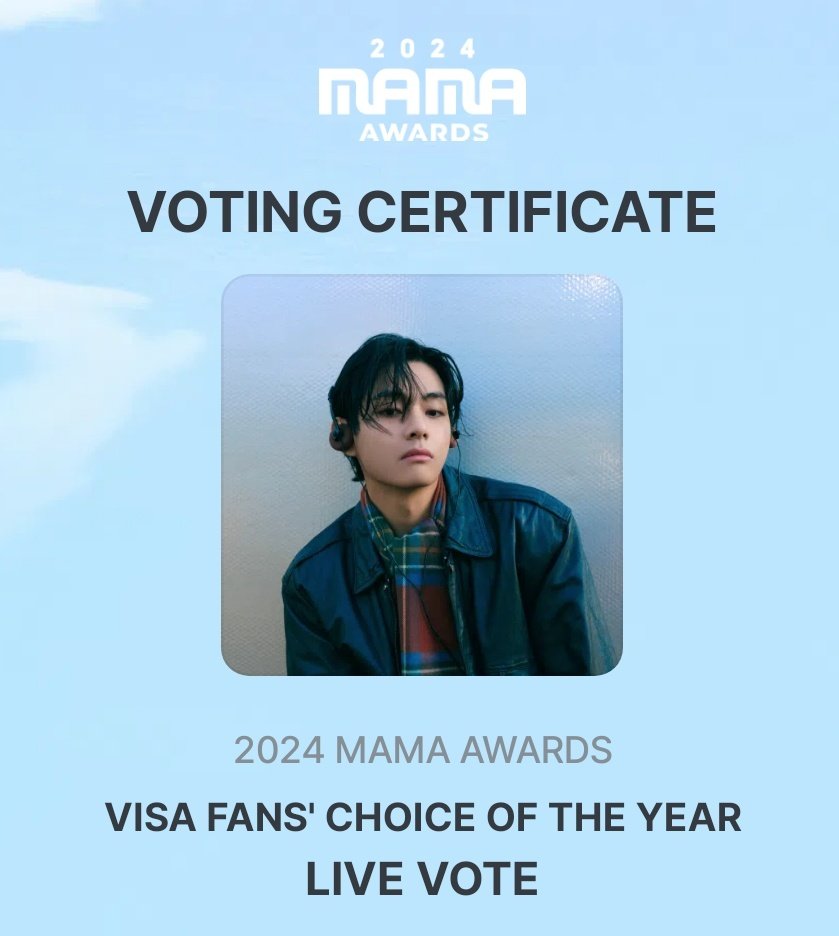 BTSV_UNION's tweet photo. 📣 LIVE Voting for VISA Fans’ Choice of the Year is OPEN at the #2024MAMAAWARDS   : https://t.co/N9Z9Xm5Z0C

Vote for Taehyung, who continuously pours his heart and soul into his wondrous artistry, truly giving us his all ♡

VOTE V FOR VISA FANS' CHOICE
#V #2024MAMAVOTE https://t.co/aXyW4ObPaK