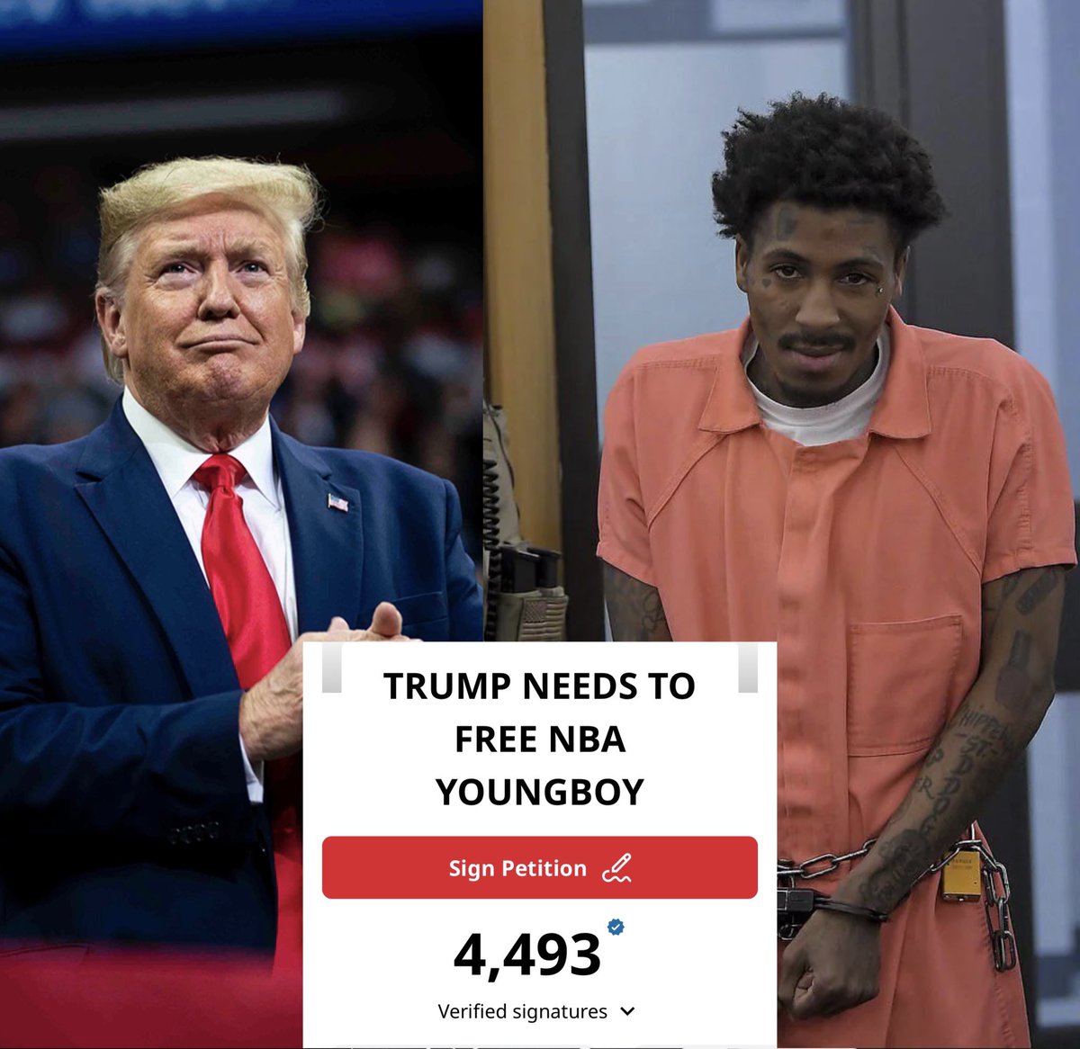 RapBinge's tweet photo. A petition for Donald Trump to free NBA YoungBoy is almost at 5k signatures👀 https://t.co/8nxqW91Myr