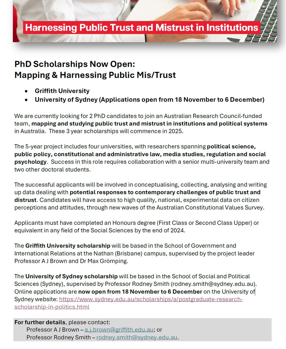 Max Grömping (@maxgroemping) on Twitter photo 📢 Please share widely. PhD Scholarships ($37k/yr) on Mapping & Harnessing Public (Mis)Trust! 🎓 <a href="/Griffith_Uni/">Griffith University</a> and <a href="/Sydney_Uni/">University of Sydney</a>. Join an ARC-funded team exploring public trust in Australia. Start 2025. Deadline 6 December. DM for questions. sydney.edu.au/scholarships/a… #polisci 📢 Please share widely. PhD Scholarships ($37k/yr) on Mapping & Harnessing Public (Mis)Trust! 🎓 <a href="/Griffith_Uni/">Griffith University</a> and <a href="/Sydney_Uni/">University of Sydney</a>. Join an ARC-funded team exploring public trust in Australia. Start 2025. Deadline 6 December. DM for questions. sydney.edu.au/scholarships/a… #polisci