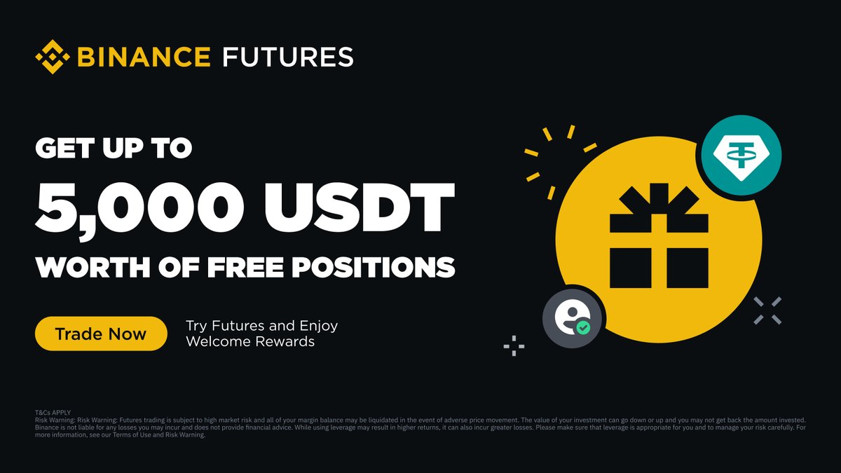 BinanceFutures's tweet photo. Unlock up to 5,000 USDT in Free Positions!

Join our Futures Welcome Reward now! Hit deposit and trading milestones in 14 days to claim your rewards. 

Sign up now 👉 https://t.co/XLpx1E0tFv