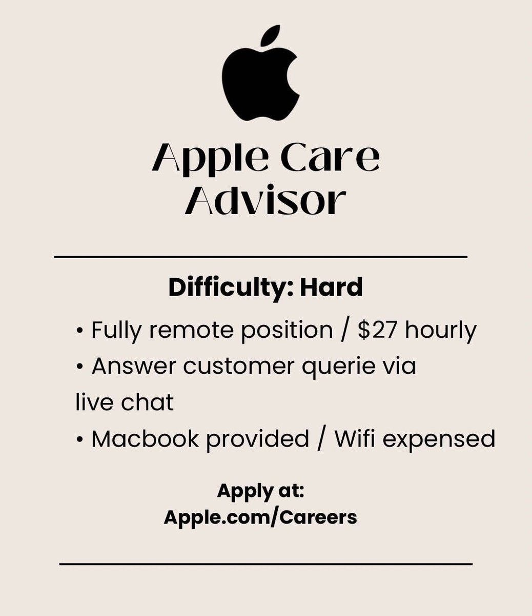 13. Apple Care Advisor

Difficulty: Very Easy

• Fully remote position / $27 hourly
• Answer custome...