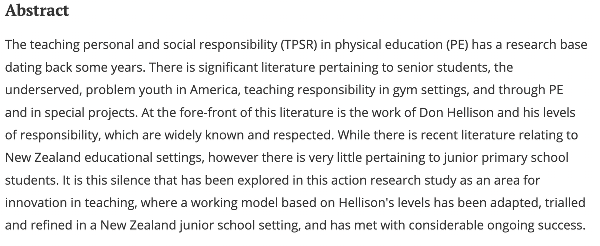 A blast from the past:

A great time to engage with the work of Graeme Severinsen (2014). This study explores how a working model based on Hellison’s TPSR levels has been adapted, trialled and refined in an NZ junior school setting.

URL:tandfonline.com/doi/full/10.10…

See abstract👇