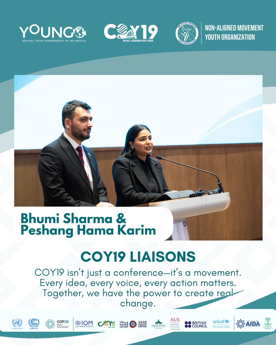 coy_youngo's tweet photo. Welcome to COY19, where youth from around the globe unite with urgency, passion, and purpose to tackle climate change.

As our Liasons Ms. Bhumi Sharma  and Mr. Peshang Hama Karim open this pivotal event, they remind us: COY19 isn’t just a conference—it’s a movement. https://t.co/Aee3iXDfJM
