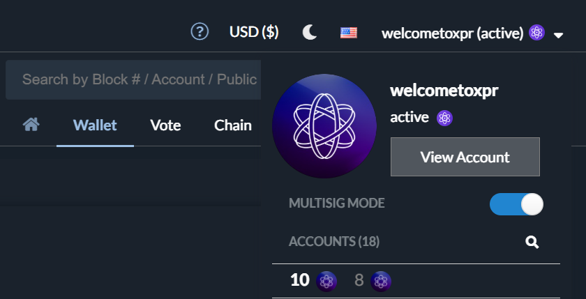 XPRNetwork's tweet photo. @EOS_CryptoLions On the XPR Network Explorer simply press the account drop down and turn on multisig mode!

Now when you execute any action on any smart contract you can make it multisig with as many signers as you need and zero additional infrastructure.

Try it here
https://t.co/tpQNskwvBi https://t.co/oDBIzthppQ