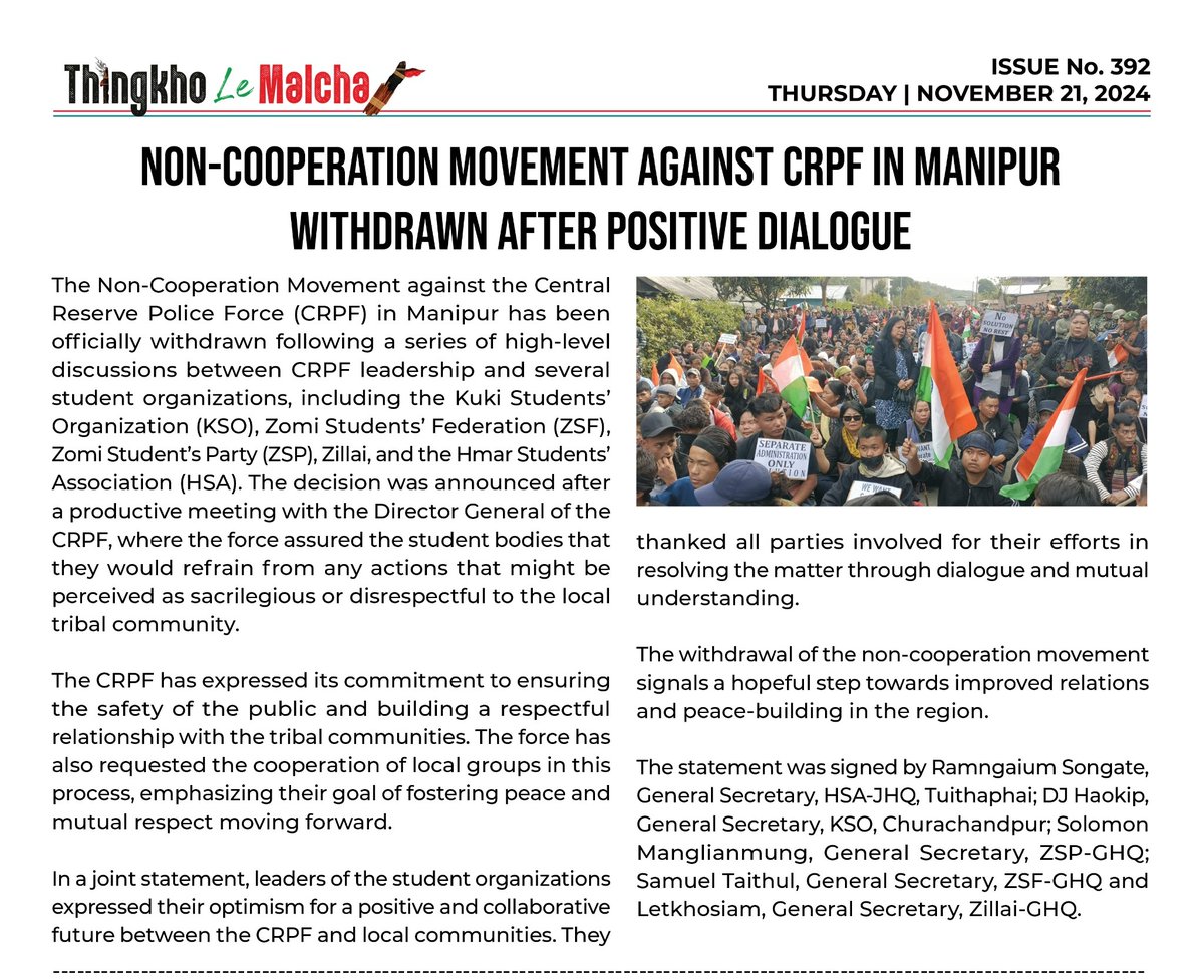 Sumkawn's tweet photo. Manipur: The Kuki student body withdrew the non-cooperation movement against CRPF after a meeting with the DG of CRPF on November 21. The CRPF officials provided full assurance that they would not engage in any actions that may be considered sacrilegious or disrespectful to the community.

@crpfindia @PIBHomeAffairs @HMOIndia @PMOIndia @MIB_India @CBIHeadquarters @NIA_India @ANI @PTI_News @IndiaTodayNE @EastMojo @NENowNews @ThePrintIndia @thewire_in @IndianExpress @the_hindu