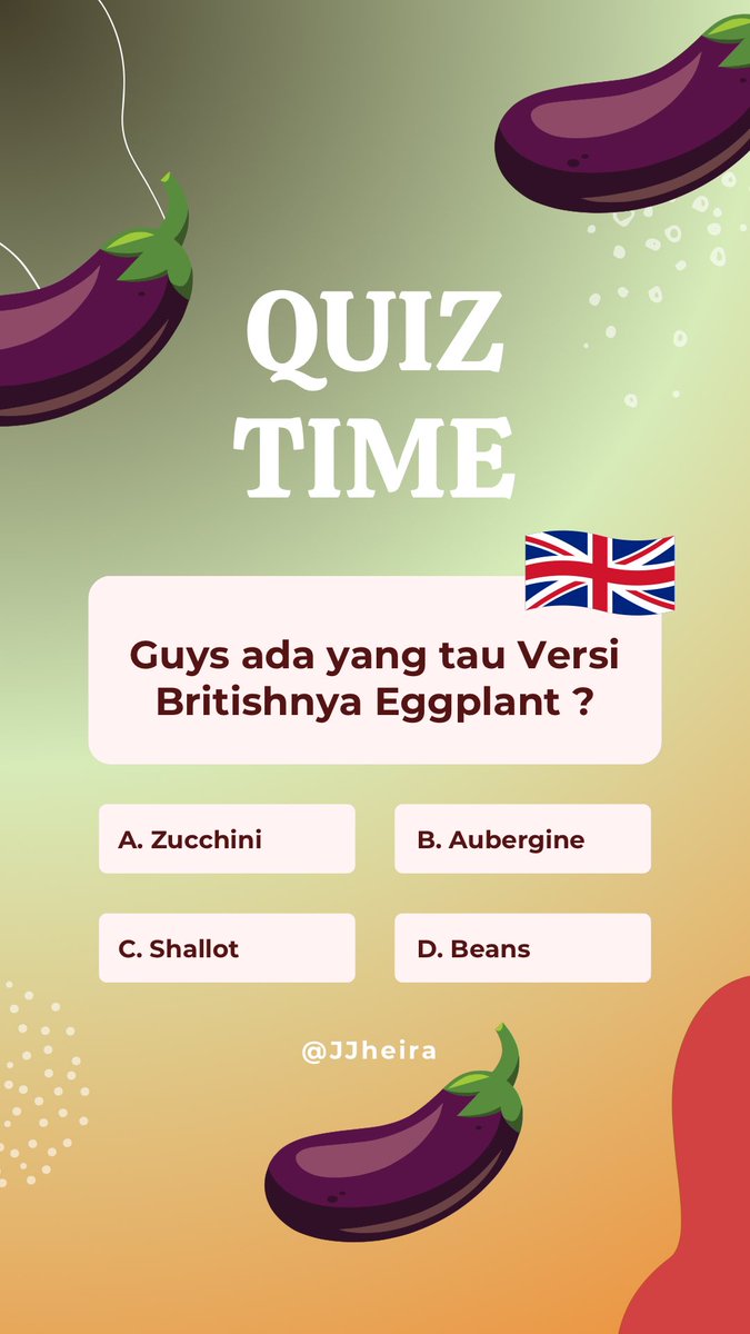 Hi english learners !
Now is QUIZ TIME ✨🤗
Ada yang tau Eggplant versi British gaaak ?

yang suka makan pizza pasti tau🤣

#englishlearner 
#bahasainggris
#englishwithjheira