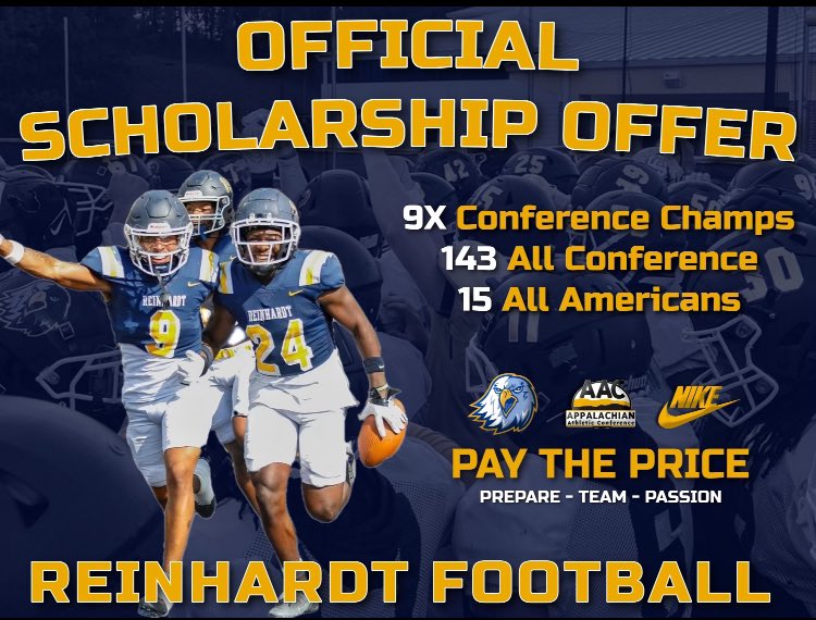 Spencer Kelley (@spencerpkelley) on Twitter photo After a great call with <a href="/CoachHennes/">Tyler Hennes</a>, I’m blessed and thankful to receive an offer from <a href="/ReinhardtFB/">Reinhardt Football</a>
<a href="/Coach_JMiller/">James Miller</a> <a href="/CoachAdamHolley/">Adam Holley</a> <a href="/CoachKRBJr/">Kevin Burnette Jr.</a> <a href="/GrantMyers44/">Grant Myers</a> <a href="/aspencewharton/">Adam Wharton</a>
<a href="/Coach_Berutich/">Justin Berutich</a> <a href="/coachcjcollins/">Coach CJ Collins</a> <a href="/CoachCurtis22/">Niagel Curtis</a> <a href="/CoachJLaw/">Jeremy Scott Law</a>
<a href="/BOBuck50/">Brett O'Buck</a>
Thank you all!! After a great call with <a href="/CoachHennes/">Tyler Hennes</a>, I’m blessed and thankful to receive an offer from <a href="/ReinhardtFB/">Reinhardt Football</a>
<a href="/Coach_JMiller/">James Miller</a> <a href="/CoachAdamHolley/">Adam Holley</a> <a href="/CoachKRBJr/">Kevin Burnette Jr.</a> <a href="/GrantMyers44/">Grant Myers</a> <a href="/aspencewharton/">Adam Wharton</a>
<a href="/Coach_Berutich/">Justin Berutich</a> <a href="/coachcjcollins/">Coach CJ Collins</a> <a href="/CoachCurtis22/">Niagel Curtis</a> <a href="/CoachJLaw/">Jeremy Scott Law</a>
<a href="/BOBuck50/">Brett O'Buck</a>
Thank you all!!