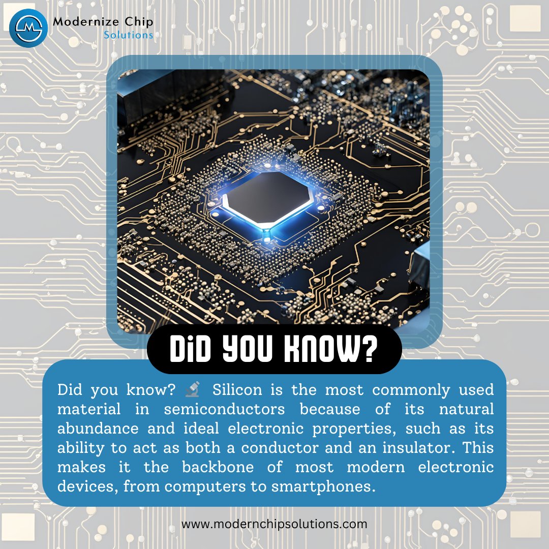 ModernizeChip's tweet image. Did you know? 
Silicon is the superstar of #semiconductors! Its availability and exceptional electronic properties make it the go-to material for powering everything from smartphones to computers. Silicon truly drives the technology we rely on today!
#SiliconTech #MaterialScience