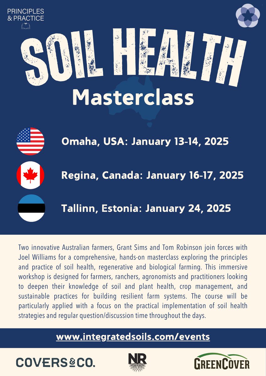 Very excited to announce 3 workshops coming up this January in the US, Canada and Estonia. I've teamed up with who I consider to be two of the most innovative and passionate farmers from Australia to run an applied workshop on putting soil health into practice... 🧵#SoilHealth
