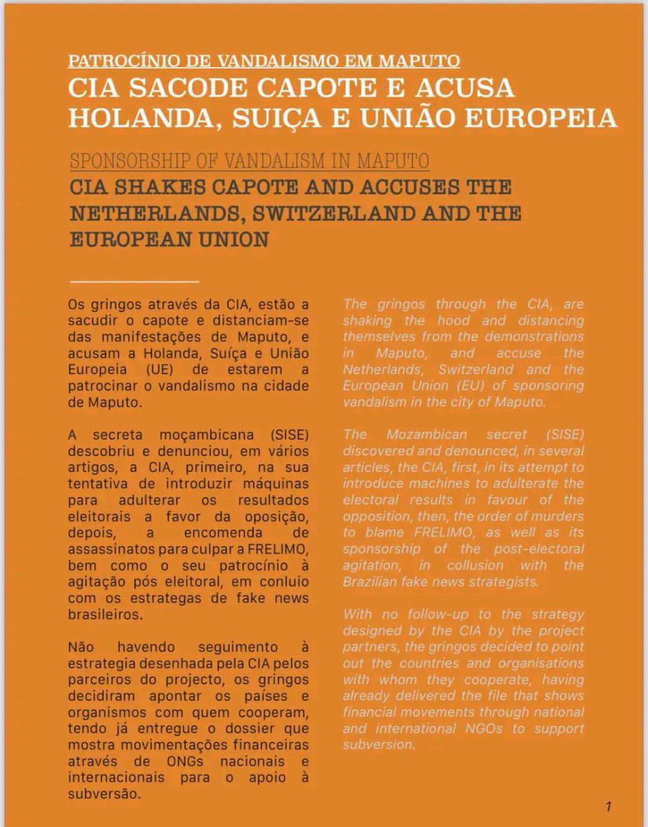 cesarchiyaya's tweet photo. 🚨URGENTE: Serviços secretos moçambicanos acusam a CIA, a UE, a Holanda e a Suíça de estarem a financiar Venâncio Mondlane para orquestrar um golpe de Estado em Moçambique.

E diz que afinal, a CIA tentou introduzir máquinas para adulterar os resultados eleitorais a favor da oposição e que também encomendou assassinatos para culpar a FRELIMO, bem como seu patrocínio à agitação pós eleitoral, em conluio com os estrategas de fake news brasileiros…

—
“E até lá, estou-me nas tintas”.