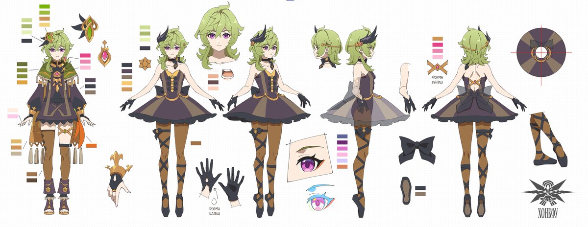 Model sheets for the Genshin Impact x Dodo Pizza collab: each character has two looks—original outfits and custom designs. The intricate game designs are reserved for brief interludes, while simplified costumes enable dynamic animation in action scenes.