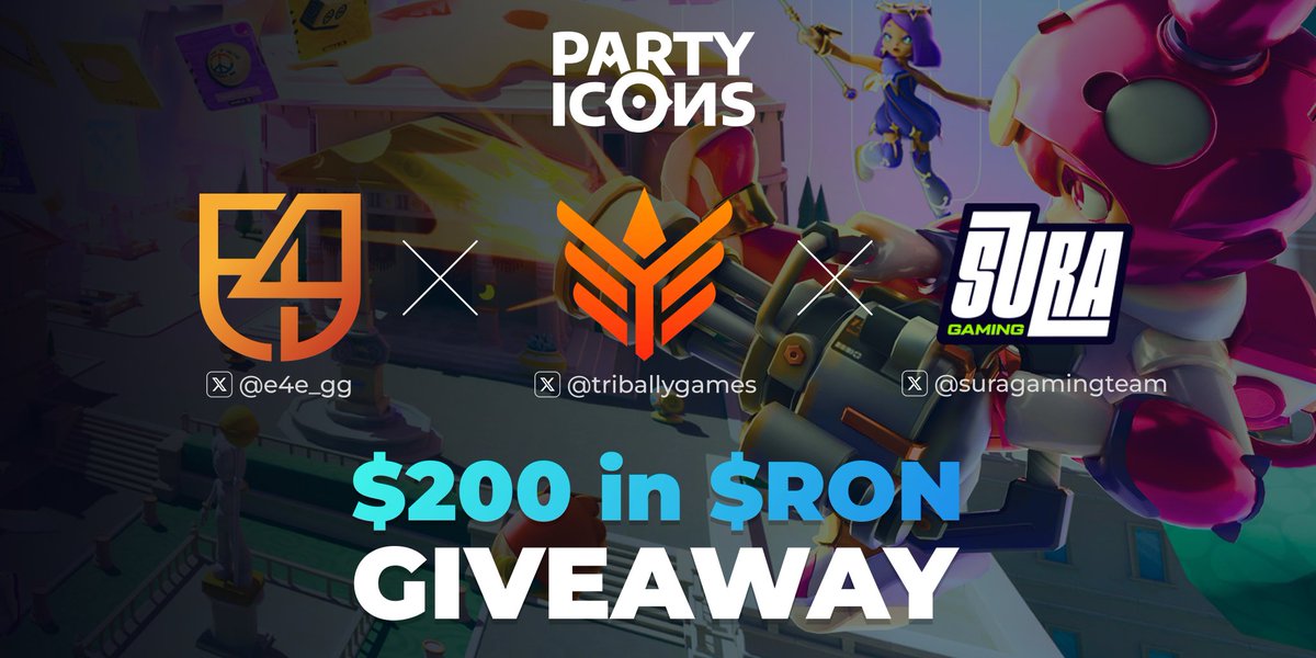 The <a href="/TriballyGames/">Tribally 🎮</a> x <a href="/suragamingteam/">Sura Gaming</a> alliance is here to take <a href="/PartyIconsOGX/">PARTY ICONS</a> by storm &amp; <a href="/e4e_gg/">E4E</a> is pledging to the cause🥳

In celebration: $200 in $RON to 4 lucky winners🪂
❤️Like, RT, tag 2 friends
📝Join guild: bit.ly/join-our-guild
🙌Join Discord: discord.gg/qJAbGsPu