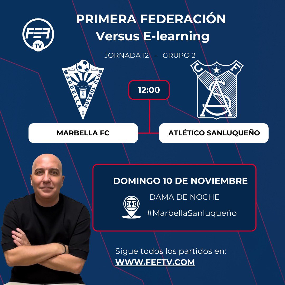 🎙 Hoy tenemos una cita con la <a href="/Primera_RFEF/">Primera Federación Versus e-Learning</a> 

🤝  Gracias a <a href="/apdeportivosmlg/">APDM</a>, <a href="/AtmBroadcast/">AtmBroadcast</a> y <a href="/fef_tv/">FEF_TV</a> volvemos con este partidazo

📅  Jornada 12 - Grupo 2 
⚔️  <a href="/marbella_fc/">Marbella FC</a> -<a href="/atcosanluqueno/">Atlético Sanluqueño</a> 
⏰️  12:00
🗣  Comentarista: <a href="/JoseCriadoOpi/">José Criado Jiménez</a> 

🙌  ¡Os esperamos!