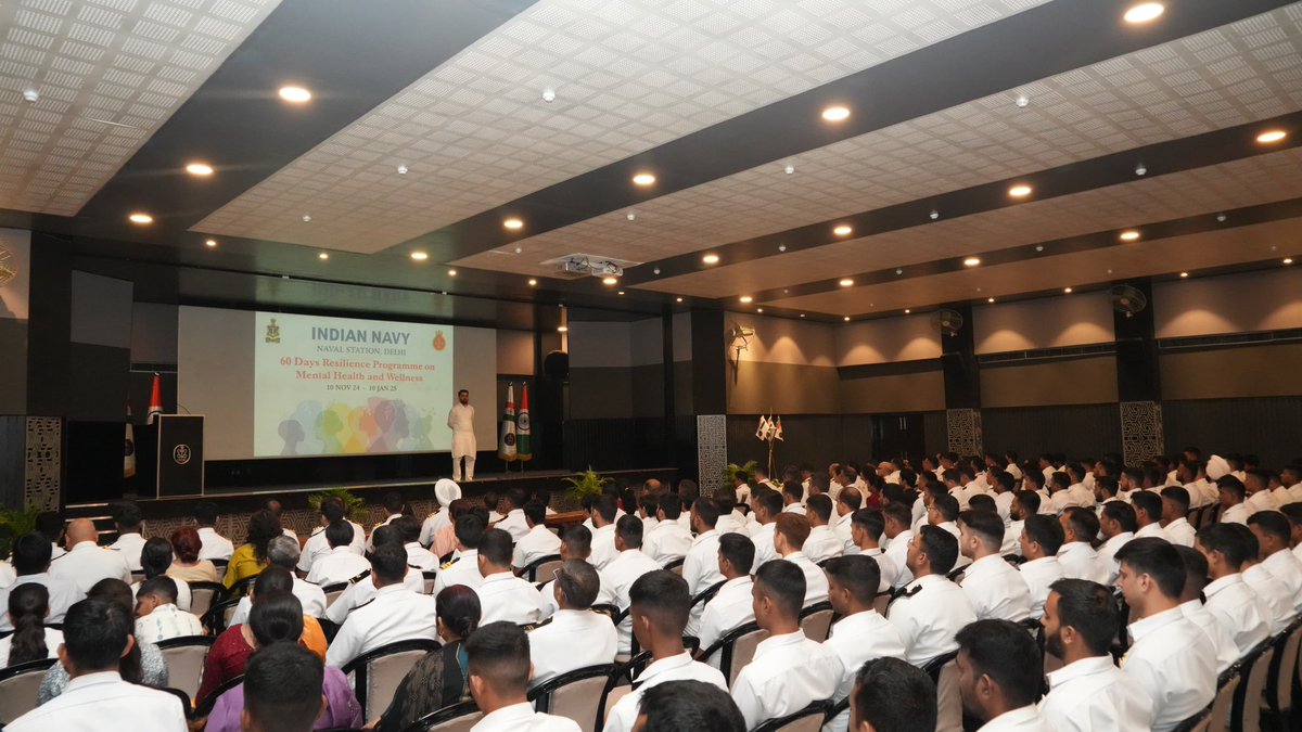 INS_India_IN's tweet photo. Launched the CNS’s initiative of ‘60-Days Resilience Programme’ on mental health and wellness for IN personnel, today at Station Delhi. 

In presence of Surg RAdm Manish Honwad, ADGMS(N), as Chief Guest, conducted an fruitful interactive session for about 300 naval personnel (including families) with Mr Gaurav Verma - a seasoned International educator from the ‘Art of Living’ foundation.
An apt talk by the Guest Speaker and inspiring beginning to the programme! 
Ready to grow stronger together in the naval community! 
#Resilience #MentalHealthAwareness #mentalwellness