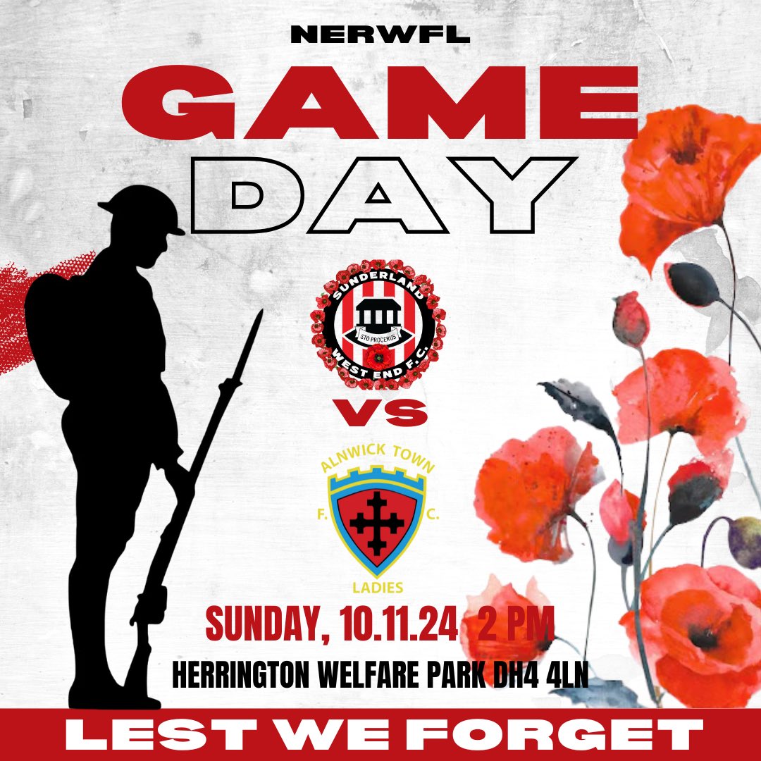 Sunderland West End Ladies FC (@westend_ladies) on Twitter photo โค๏ธโฝ๏ธGAME DAYโฝ๏ธโค๏ธ
<a href="/AlnwickTownLFC/">Alnwick Town Ladies</a>
Adult ยฃ3 U16 Free
We would love your support
Before kick off there will be a period of silence to honor the fallen heroes and remember the sacrifices made by our soldiers.
SPONSORS
Match Kit <a href="/ISL_Scaffolding/">ISL Scaffolding</a>
Training Kit Premier - Rawmarsh โค๏ธโฝ๏ธGAME DAYโฝ๏ธโค๏ธ
<a href="/AlnwickTownLFC/">Alnwick Town Ladies</a>
Adult ยฃ3 U16 Free
We would love your support
Before kick off there will be a period of silence to honor the fallen heroes and remember the sacrifices made by our soldiers.
SPONSORS
Match Kit <a href="/ISL_Scaffolding/">ISL Scaffolding</a>
Training Kit Premier - Rawmarsh