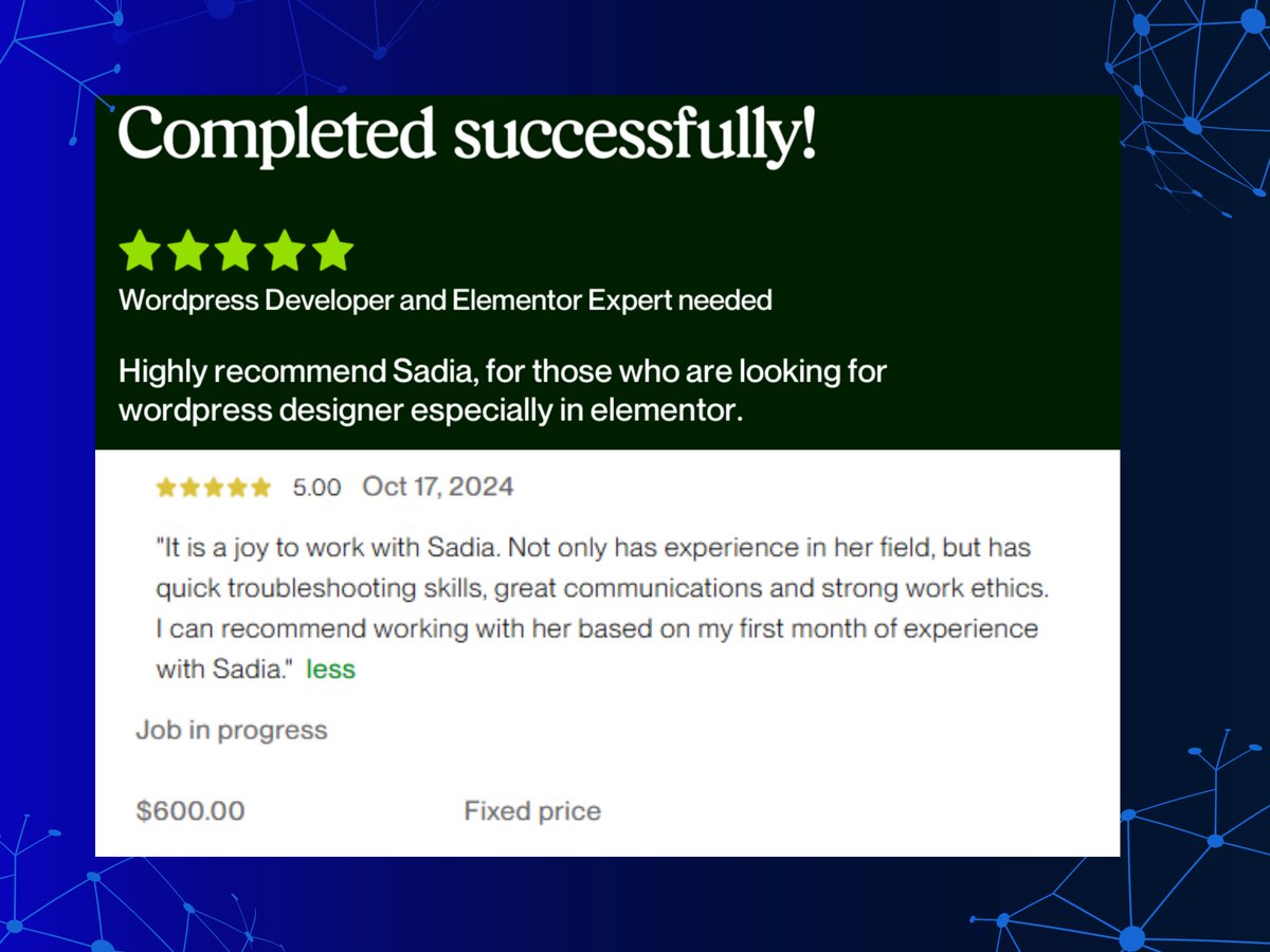 codewithsad's tweet photo. 📷 𝐄𝐱𝐜𝐢𝐭𝐢𝐧𝐠 𝐔𝐩𝐰𝐨𝐫𝐤 𝐒𝐮𝐜𝐜𝐞𝐬𝐬 𝐒𝐭𝐨𝐫𝐲! 📷
I’m thrilled to share great win on Upwork! Just completed a project, earned a bonus, and received a glowing 5-star review from my client.

Visit More- https://t.co/ub1YwD9xKu

#upwork #WebDevelopment #webdesigner https://t.co/AopRxt8Add