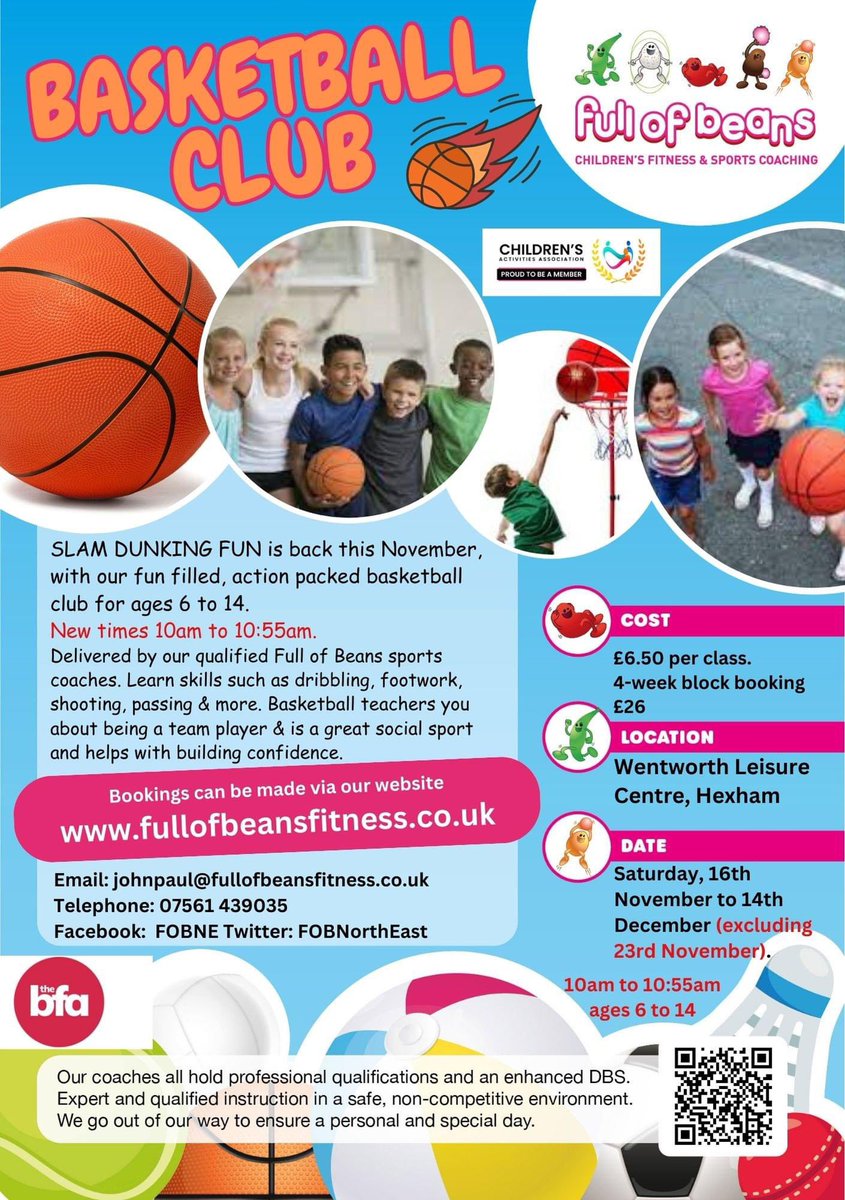 🏀 BASKETBALL for ages 6 to 14
<a href="/FOBNorthEast/">Full of Beans Childrens Fitness & Sport North East</a> 
 
🗓️ Saturday's 16th Nov to 14th Dec (excluding 23rd November)
⏰ 10am to 10:55am
🏟️ Wentworth Leisure Centre
👉🏻 book via link  rb.gy/nrhbfd
Or website: fullofbeansfitness.co.uk

#basketball