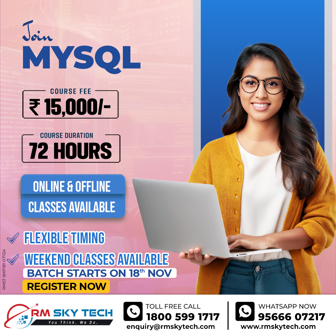 RMSkyTech1's tweet image. 💻 Master MySQL Database Management! 💻 
Course Details:
💰 Course Fee: ₹15,000
⏳ Duration: 72 hours
📞 Call us at +91-9566607217
🌐 Visit us: rmskytech.com
#MySQLCourse #DataSkills #DatabaseManagement #RMTech #LearnSQL #CareerGrowth #EnrollNow #TechTraining