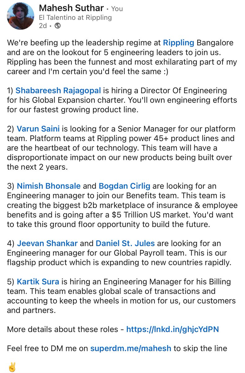 🚨 Hiring 5 engineering leaders at <a href="/Rippling/">Rippling</a> in Bangalore

📩 superdm.me/mahesh

RT for good karma 🫶🏻