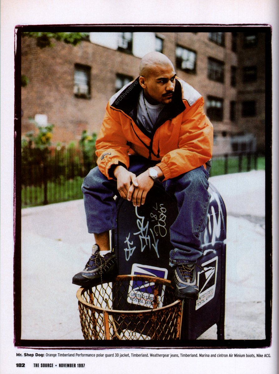 archivealive's tweet photo. “Project: Chill” Technical winter gear from brands like Timberland, The North Face, Marmot, and Columbia styled by Kadi Agueros and photographed by Jonathan Mannion for The Source, November 1997 | Models: YG, and Mr. Shep Dog (2/2) https://t.co/0mDgkftoGP
