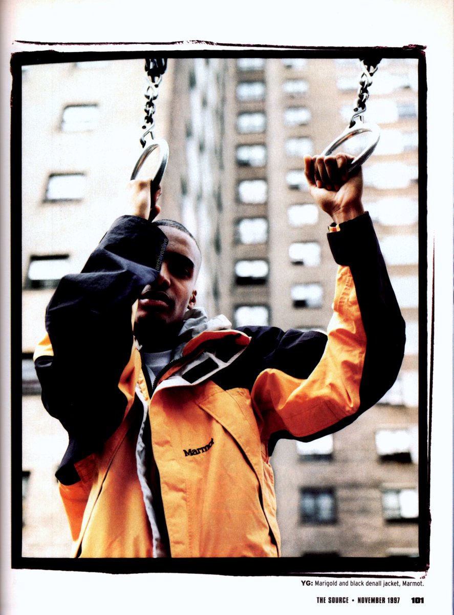 archivealive's tweet photo. “Project: Chill” Technical winter gear from brands like Timberland, The North Face, Marmot, and Columbia styled by Kadi Agueros and photographed by Jonathan Mannion for The Source, November 1997 | Models: YG, and Mr. Shep Dog (2/2) https://t.co/0mDgkftoGP