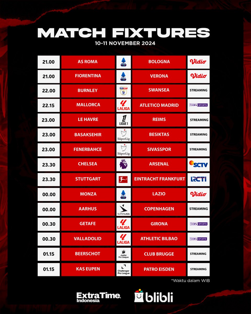 idextratime's tweet photo. #JadwalBolaET Malam Ini! #Blibli @bliblidotcom 

12.00 | Tokyo Verdy v Kobe - PSJ TV
13.00 | Urawa Reds v Sanfrecce - Stream
18.15 | Almere v Feyenoord - Vidio
-----
20.30 | Twente v Ajax - Vidio
21.00 | Man United v Leicester - Vidio
21.00 | Nottingham v Newcastle - Moji
21.00 | Tottenham v Ipswich - Vidio
21.00 | Roma v Bologna - Vidio
22.00 | Burnley v Swansea - Stream
22.15 | Mallorca v ATM - beIN
23.30 | Chelsea v Arsenal - SCTV
23.30 | Stuttgart v Frankfurt - RCTI
-----
00.00 | Aarhus v Copenhagen - Stream
01.15 | Eupen v Patro - Stream
02.45 | Inter v Napoli - Vidio
03.00 | Real Sociedad v Barcelona - beIN

Kanan atau kiri gw tanya baik-baik?