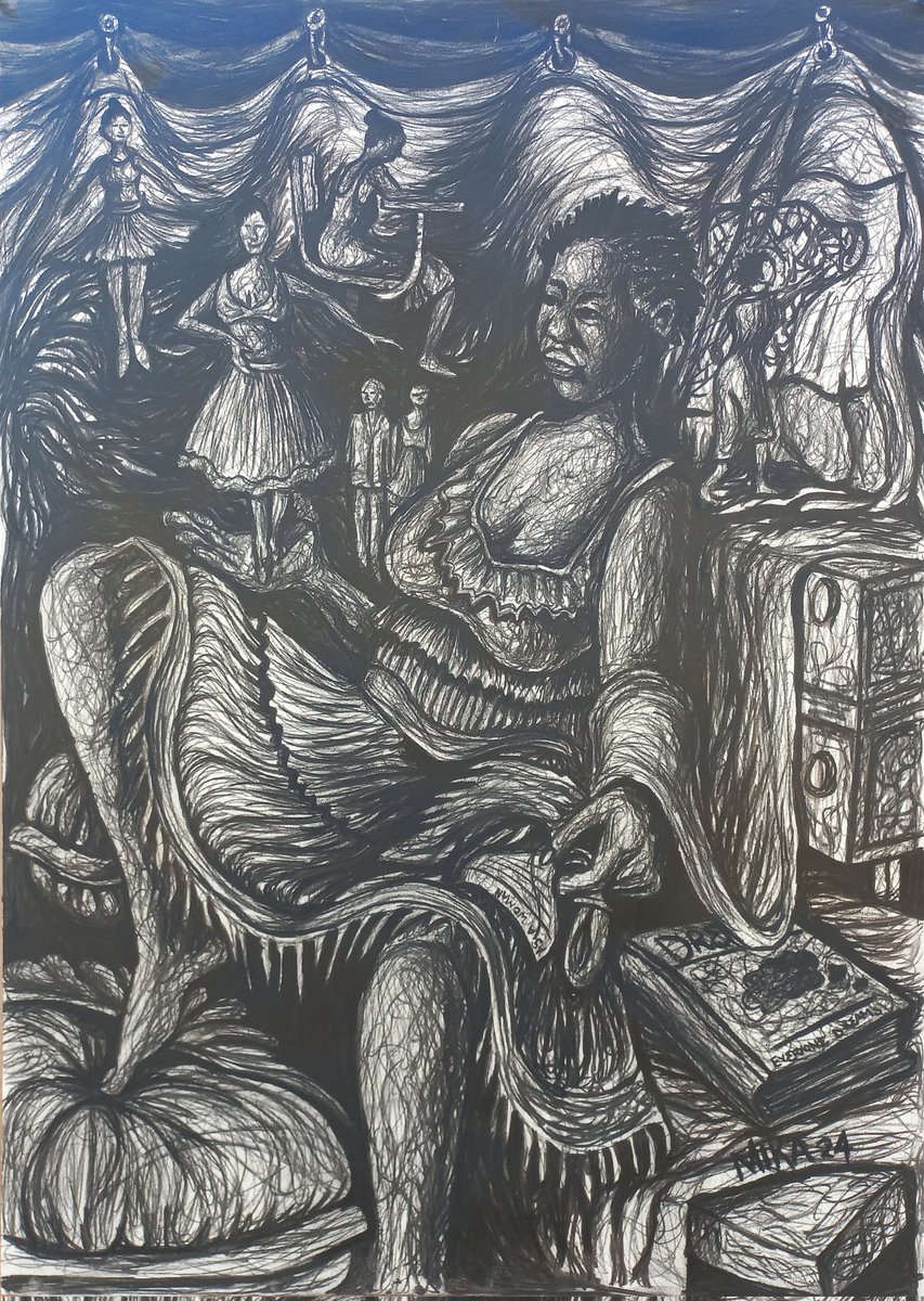.
Series: Stepping Into Artistry.
Title: She Has A Dream/ @valerierusina
Medium: Charcoal on paper.
Size: 107cm×77cm.

Artwork showing a woman sitted whereas things she aspire or dream to be are floating beside her and arround her. 
#mikaobanda