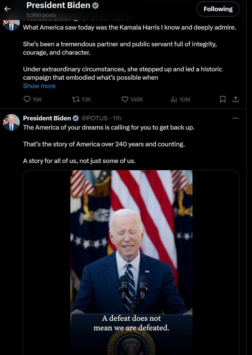 4HumanUnity's tweet photo. I really don't GAF anymore. You all feel free to unfollow me, but  this is more important: 

When Trump lost in 2020, he threw over 60 lawsuits at the courts, bullied secretaries of state, set up fake electors, and plotted January 6th, and walked away from all of it clean, thanks to AG Garland’s inaction. 

Now, we’re desperate for leadership, and all we're getting is silence or fortune cookie comments. 

Today, Trump outright called to open the floodgates of disinformation, making it practically illegal to call out lies across social media, mainstream news, even our universities.

WHERE ARE YOU? You’re still the .@POTUS and .@VP Harris, yet we’ve heard nothing from you for days. Why the silence now? You have immunity from the Supreme Court. Help us for FS!

You’ve GOT A PLATFORM, so USE IT, show us how to stand against this wave of chaos. We need guidance, unity, and we need to hear from you now. You should be on here every five minutes, helping Americans see what’s at stake and how to organize and push back. Enough of the quiet already.
