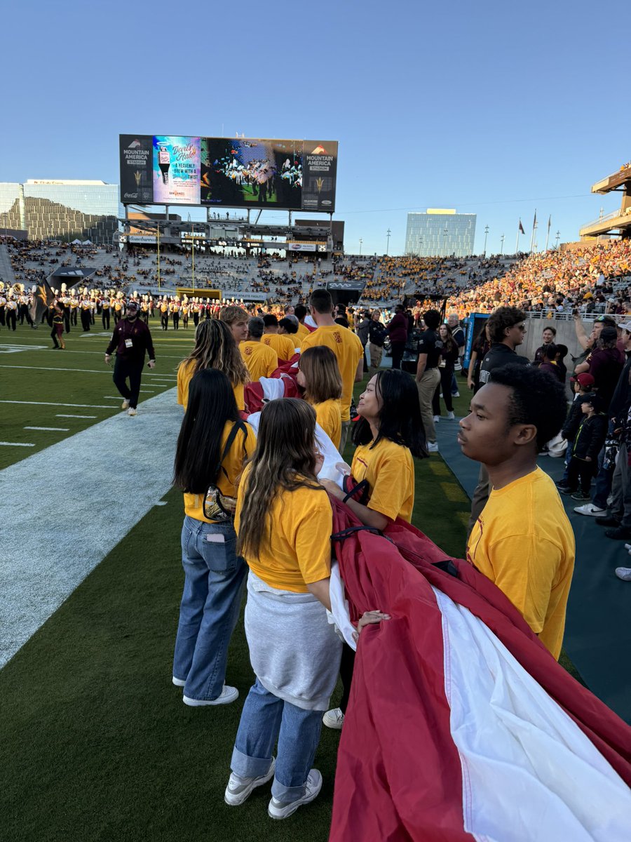 ASUDave's tweet photo. Spent some time with the boys today to #Honor our country, our military, our university &amp; the one &amp; only #PT42.
Thank you @andrewtaylor09 &amp; @tbhardon90 for joining me today. #SaluteToService #BigFlag 😈🇺🇸🫡 https://t.co/1ELUI9KaIB