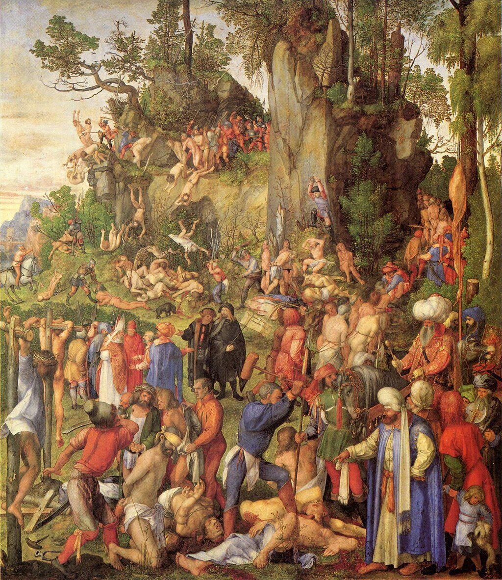 Arteymas_'s tweet photo. El martirio de los diez mil cristianos, conocido en alemán como Marter der zehntausend Christen, es un cuadro del pintor alemán Alberto Durero (Albrecht Dürer). Fue realizado en 1508, repitiendo con variantes una xilografía del propio Durero de 1496. 

Es una pintura al óleo sobre lienzo, que mide 99 cm de alto y 87 cm de ancho. 

Se conserva en el Museo de Historia del Arte de Viena, Austria.