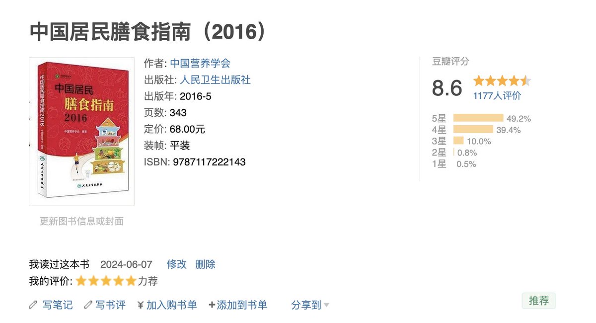 book.douban.com/subject/267959…

饮食很重要，但也容易被很多人忽视。比如有些人完全不吃水果，或缺少蛋奶的摄入，长期处在一种亚健康状态。

非常推荐中国营养学会的《中国居民膳食指南》，科学且言简意赅。

或许我们只要稍微有意识地改进每日饮食结构和习惯，自己的健康和精神状态都会有比较大的改善。