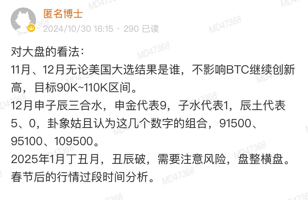 之前10月底在小圈发的卦象预测： 12月阶段性高点，看空间、位置、角度二级的核心：价、量、时、空技术分析看价量结构，周易看趋势宏观时空基本面