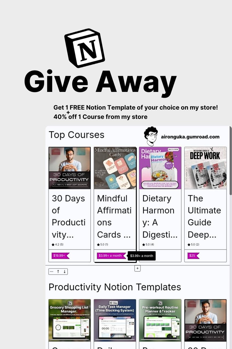 🚨 FREE Giveaway🚨

• Get 1 FREE Notion Template of your choice on my store! 
        +
• 40% off 1 Course from my store

🚀How to get it?
1. Follow my tiktok- tiktok.com/@iro.notion 
2. Follow my Instagram- instagram.com/academicswithi…
3. Reply GET

(must be following so I can DM)