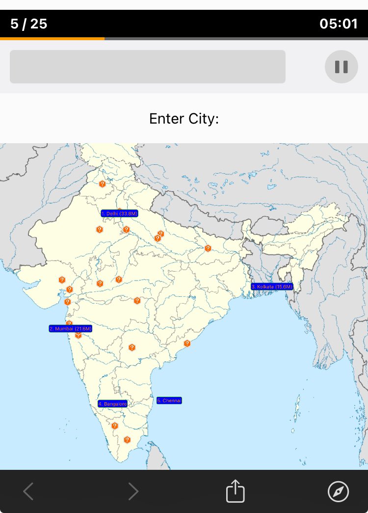 zyw's tweet photo. @pretentiouswhat I got five. Forgot about Hyderabad and couldn’t spell Ahmedabad. Didn’t know Pune and Bhopal are large cities. All others are more obviously beyond reach. https://t.co/I0T5u6Mtcv