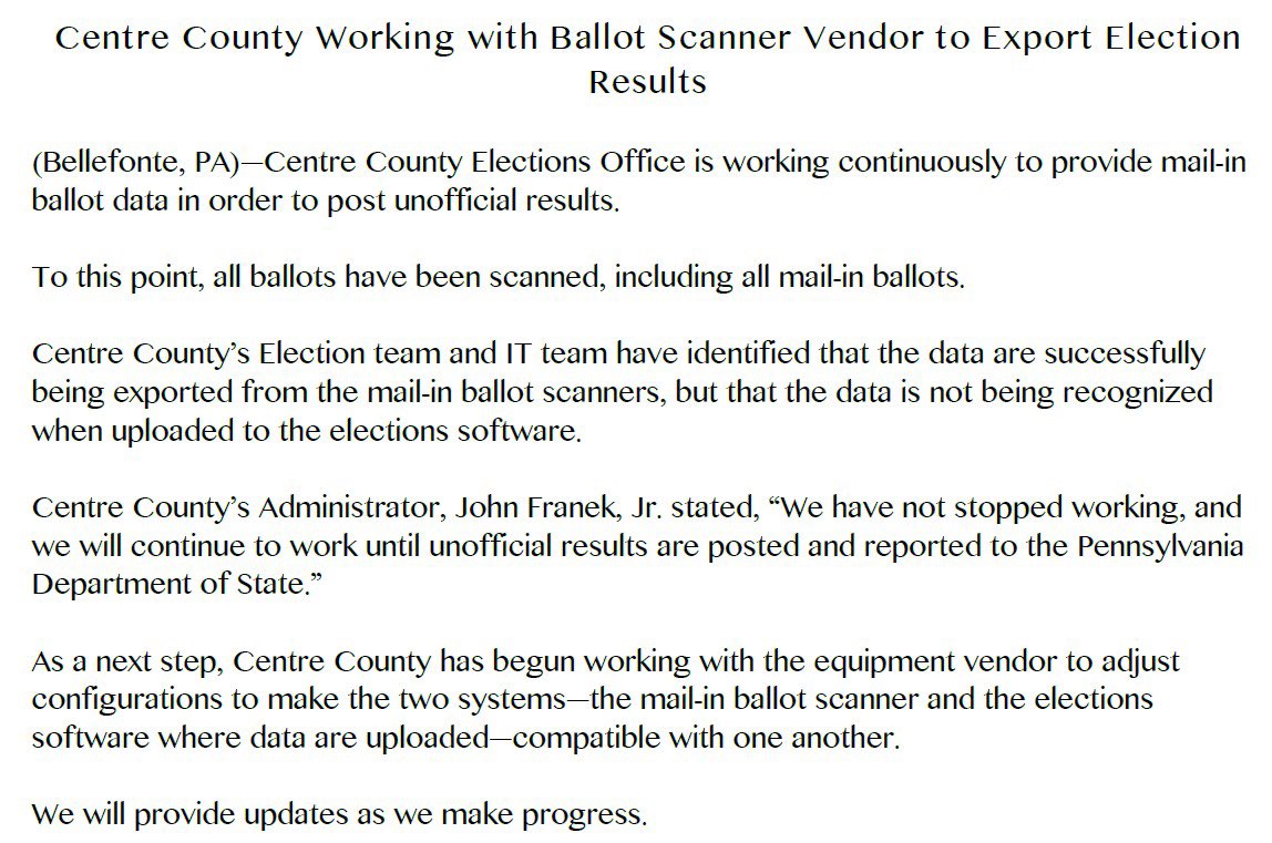 PENNSYLVANIA UPDATE: I told you all that PA was riddled with issues. Their machines couldn’t even talk to each other. 

Why couldn’t the election software understand the votes that were being uploaded? Was the data manipulated? Or was the election software hacked (and broken)?