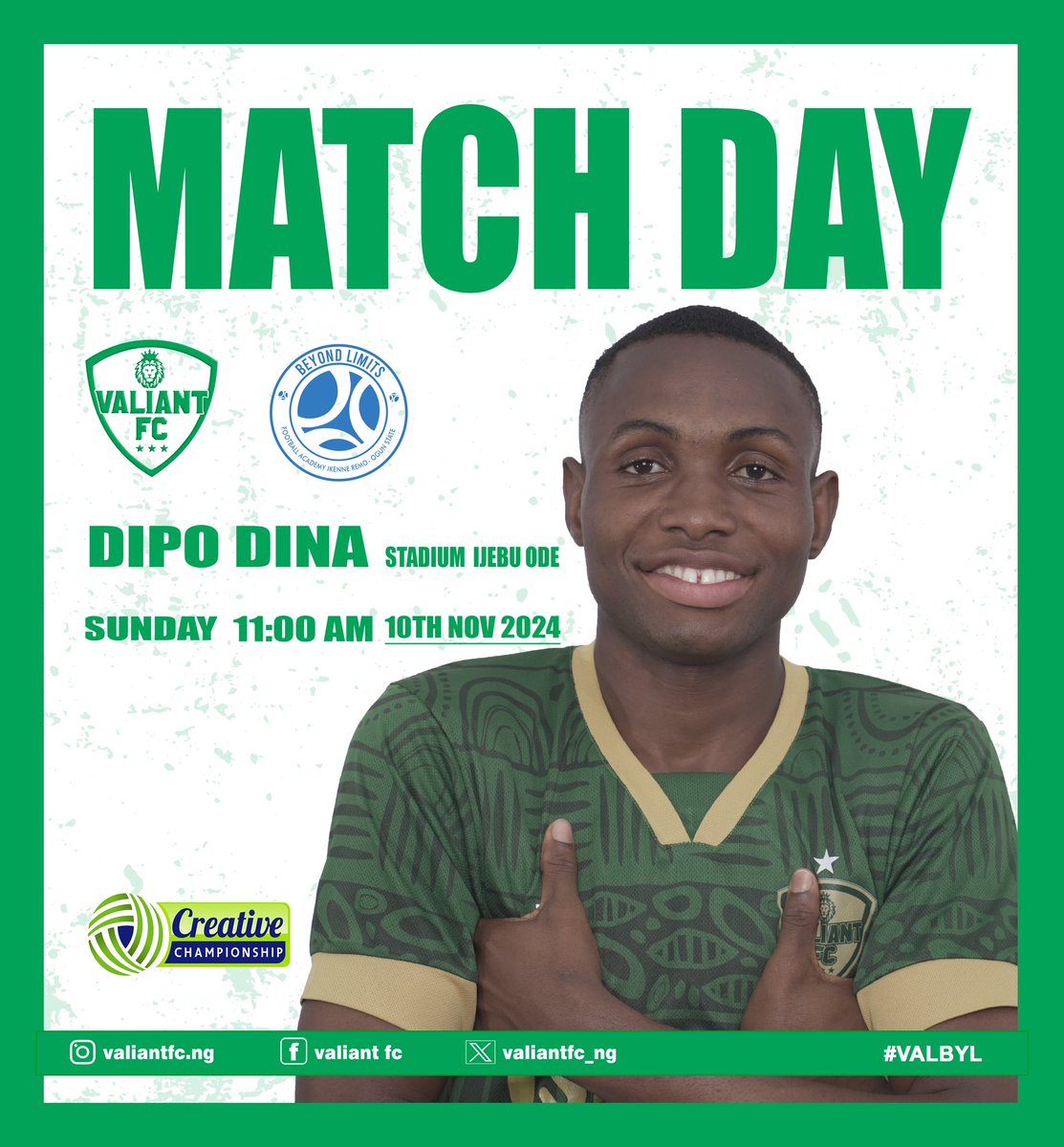 ValiantFC_ng's tweet photo. MATCH DAY
We host @Beyond_LimitsFA for MD7
๐ขโช #๐๐ฟ๐ฎ๐๐ฒ๐ฏ๐ผ๐๐ | #VALBYL https://t.co/UfYBK9rDoD