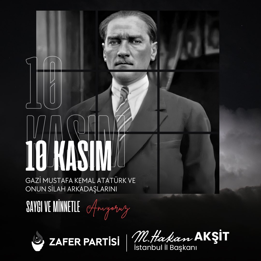 Zafer Partisi İstanbul İl Başkanlığı olarak BUGÜN, 10 Kasım, Pazar günü;  saat 13.00'da Dolmabahçe'de bir araya geleceğiz.
Az zamanda çok ve büyük işler yapan Ulu Önderimiz Gazi Mustafa Kemal Atatürk, yolun yolumuz; hedeflerin hedeflerimizdir. Ant olsun; bu işlerin en büyüğü,