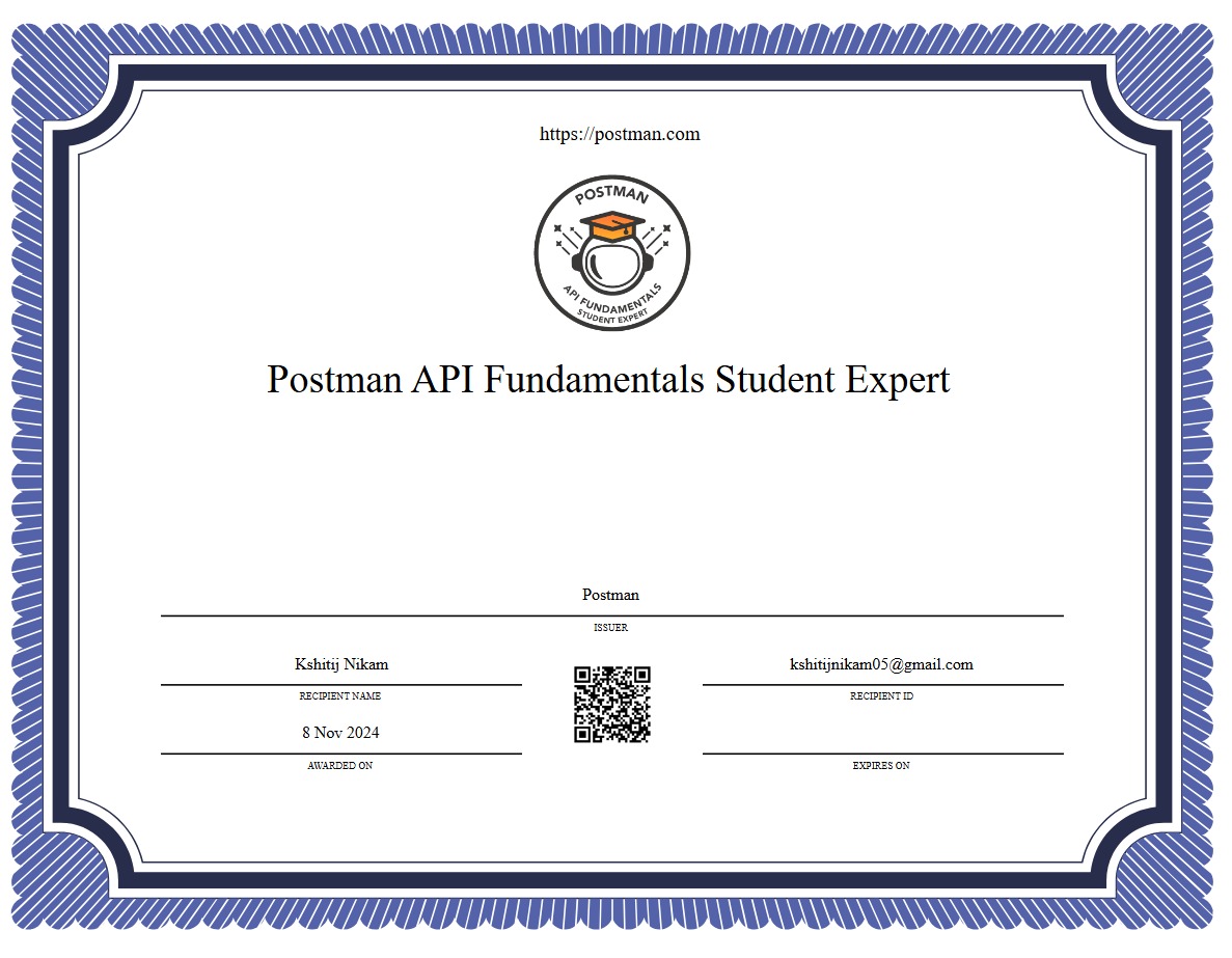kshitij_nik's tweet photo. 🚀 Certified Postman API Student Expert through GSSoC 2024 🚀

https://t.co/UFkDW6cyDa

#PostmanStudentExpert #API  #API3 #GSSoC24  #APITesting  #PostmanAPI  #LearningJourney #PostmanStudent  
#GSSoC

@ialimustufa   @getpostman  @girlscriptsoc https://t.co/kT6JK1lnOH