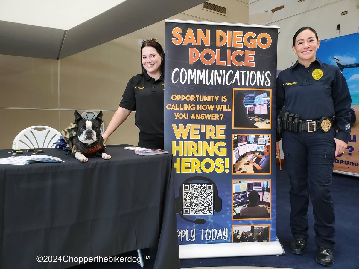 ChopperBikerDog's tweet photo. Little Chopper the Biker Dog Jr had a "Full" day 2day, making his 1st stop this morning 2 the @SanDiegoPD's "Woman's Hiring Expo". U know how much he love the ladies.... &amp; showing his support. 💙 YES, SDPD IS hiring, officers and dispatchers..... So you all can apply now.  😁💙😁 https://t.co/cLjMNxALQb