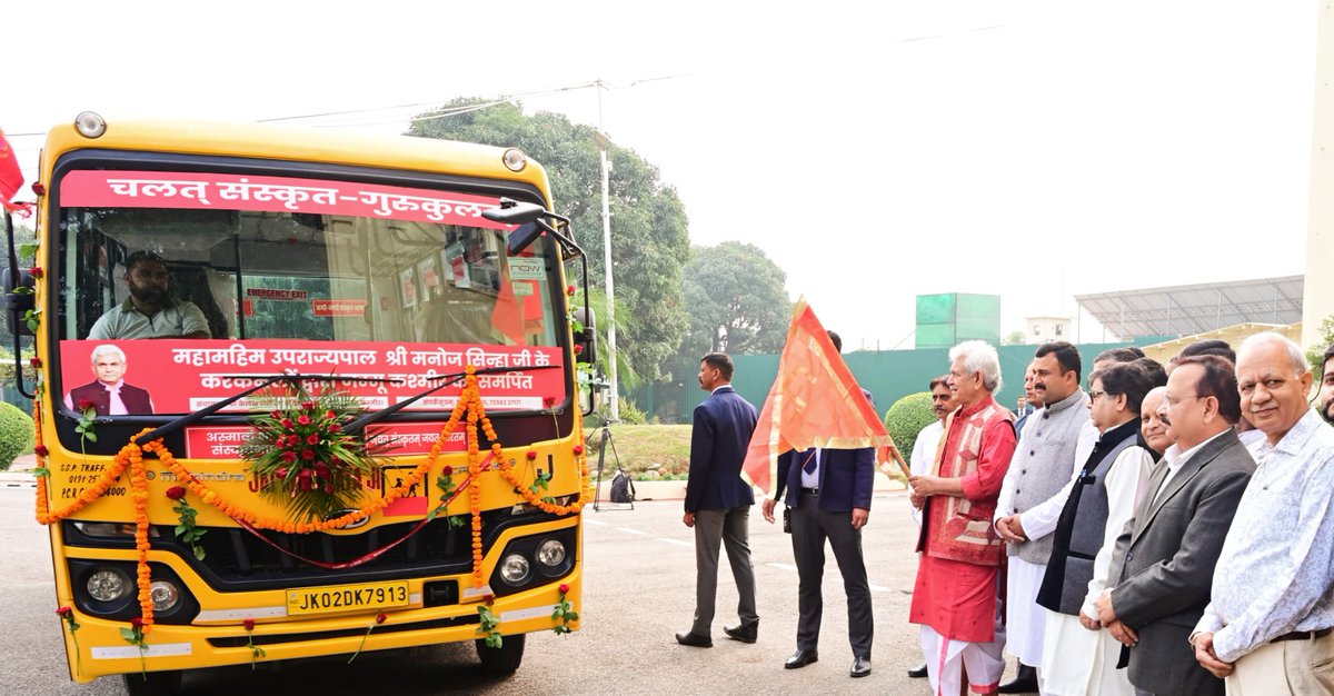 OfficeOfLGJandK's tweet photo. Flagged off the 2nd Mobile Sanskrit Gurukul of Shri Kailakh Jyotish &amp; Vedic Sansthan Trust, at Raj Bhawan Jammu today. This commendable initiative is part of “Sanskrit in Every Household” (गेहे गेहे संस्कृतम्) Campaign for promotion of Sanskrit language in J&amp;K UT. https://t.co/UX9L7c4DdB