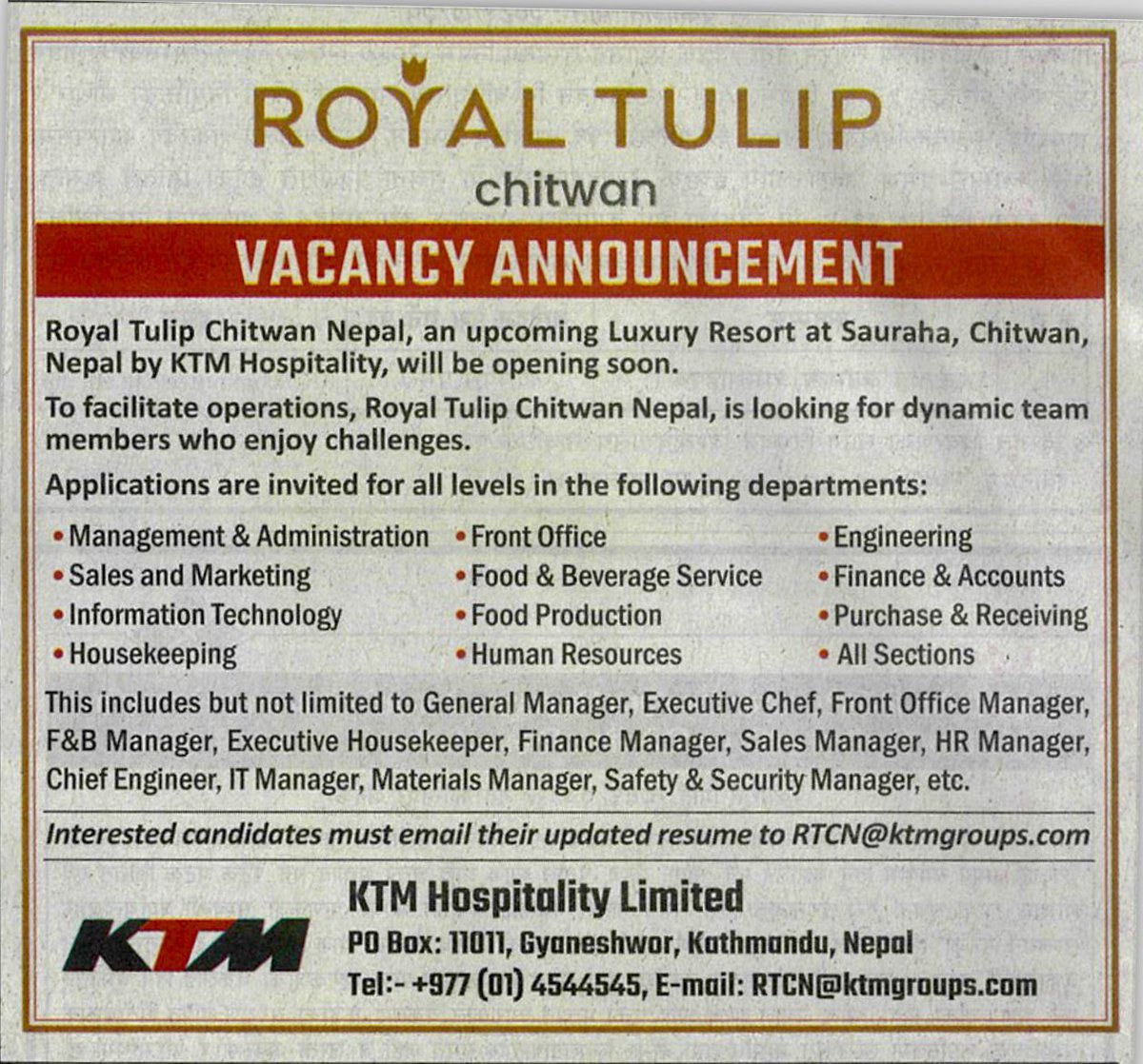 Opportunities to become a team member at The Royal Tulip Chitwan Nepal, An upcoming Luxury Resort in Sauraha, Chitwan.
