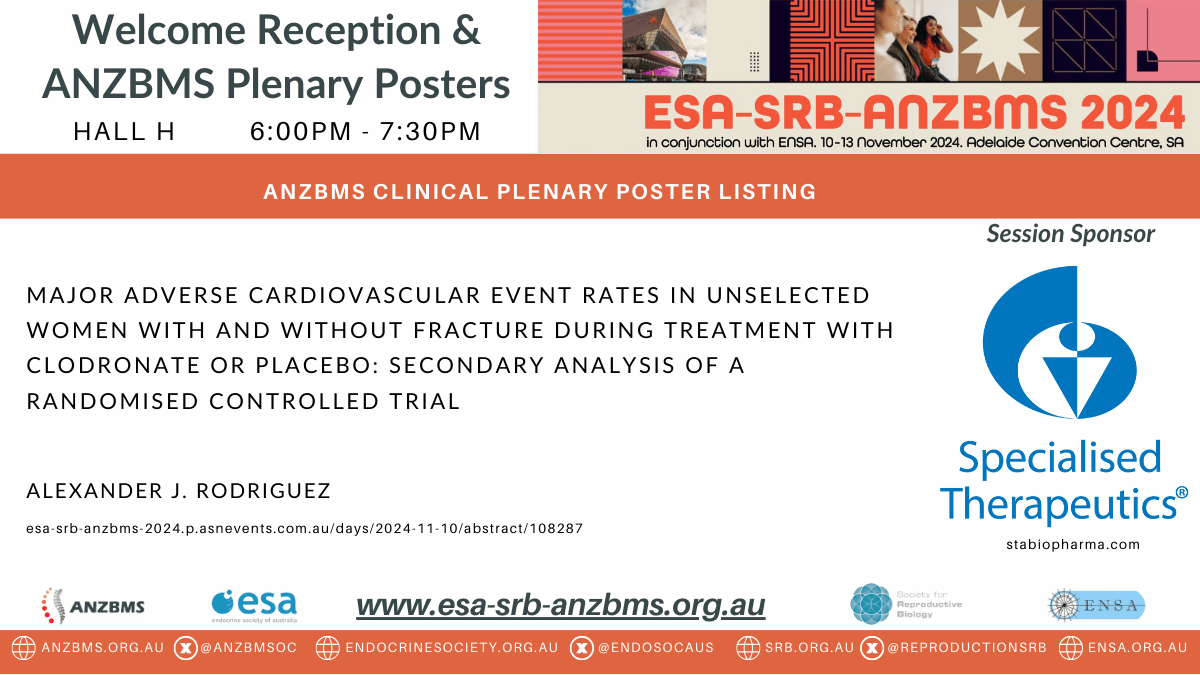 ANZBMSoc's tweet photo. 'Major adverse cardiovascular event rates in unselected women with and without fracture during treatment with clodronate or placebo: secondary analysis of a randomised controlled trial' - Alexander J. Rodriguez https://t.co/J5Ub8zPBNX #ESASRBANZBMS @ESASRB  /9 https://t.co/YjQ0e2s4Dy